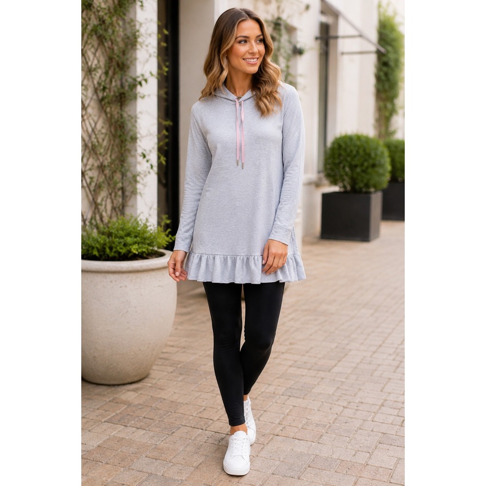 Matilda Jane Womens Small Gray Hooded Ruffle Hem Long Sleeve Tunic Shirt Top